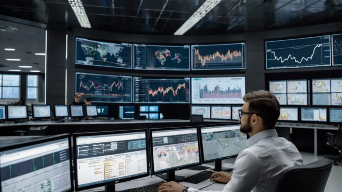Default_Logistics_control_room_with_several_screens_showing_gr_0